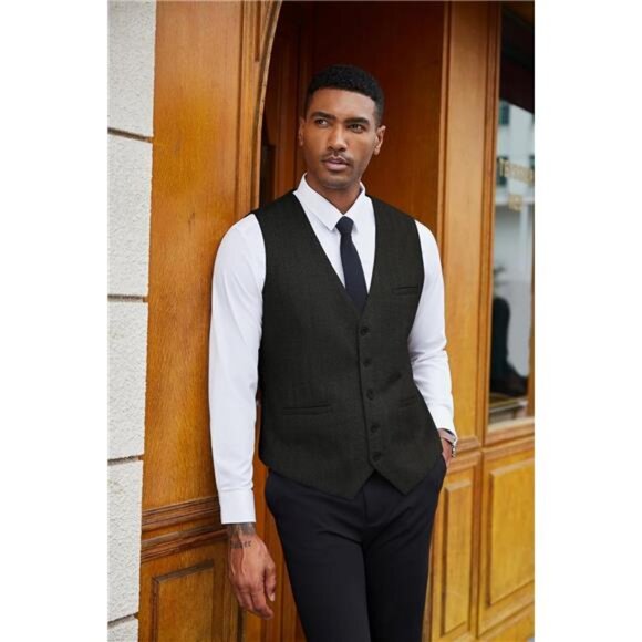 Men's Tweed Suit Vests Slim Fit Waistcoat Black - Picture 6 of 7